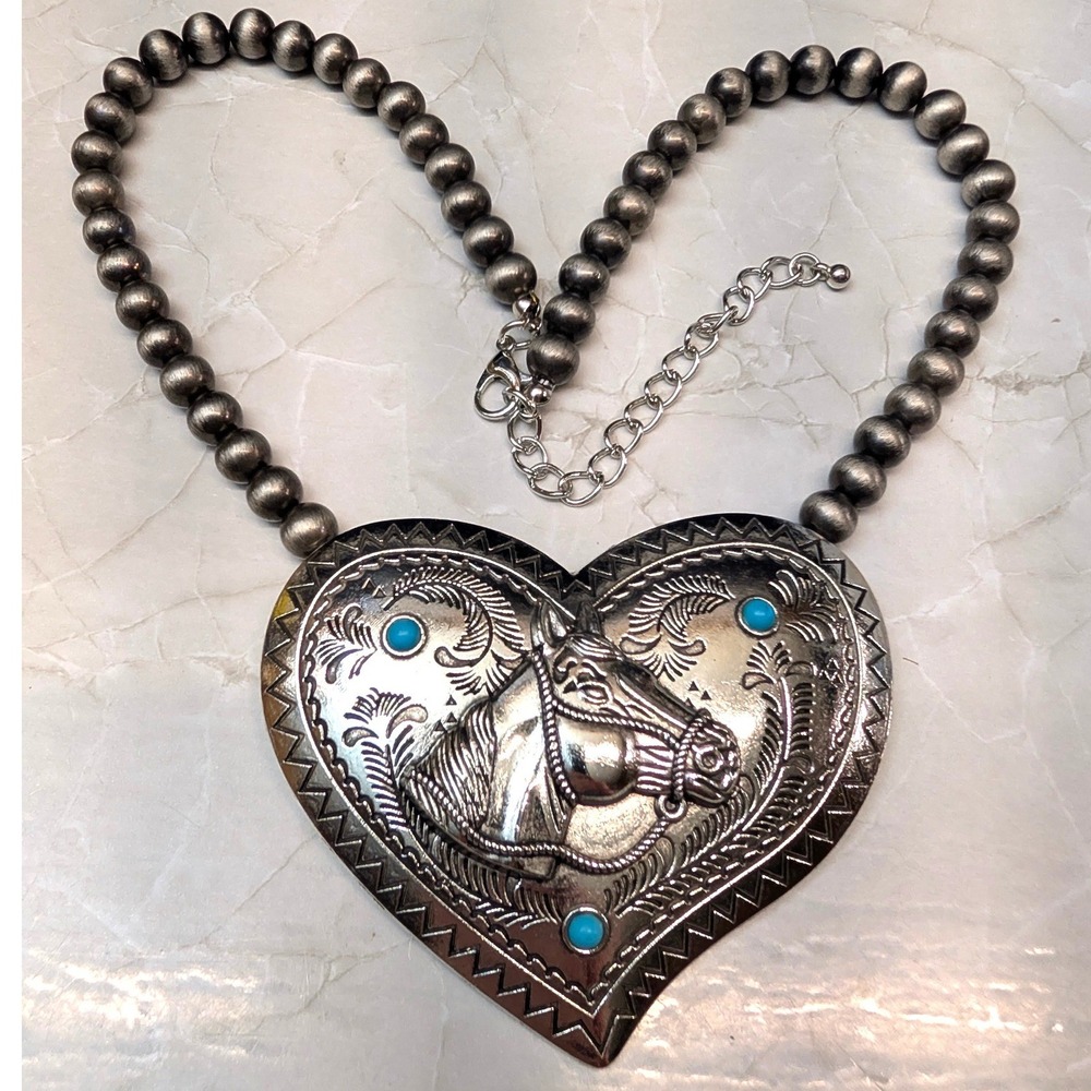 New Heart Horse Head Pendant Necklace SilverTone Faux Turquoise Western Cowgirl